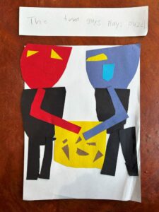 Student artwork inspired by Two Builders Playing Chess by Jacob Lawrence using cut paper in limited palette